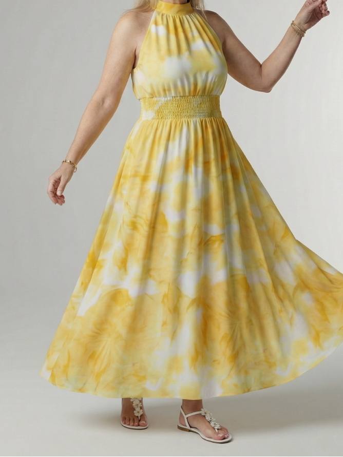 Tie Dye Halter Neck Smocked Waist Maxi Dress