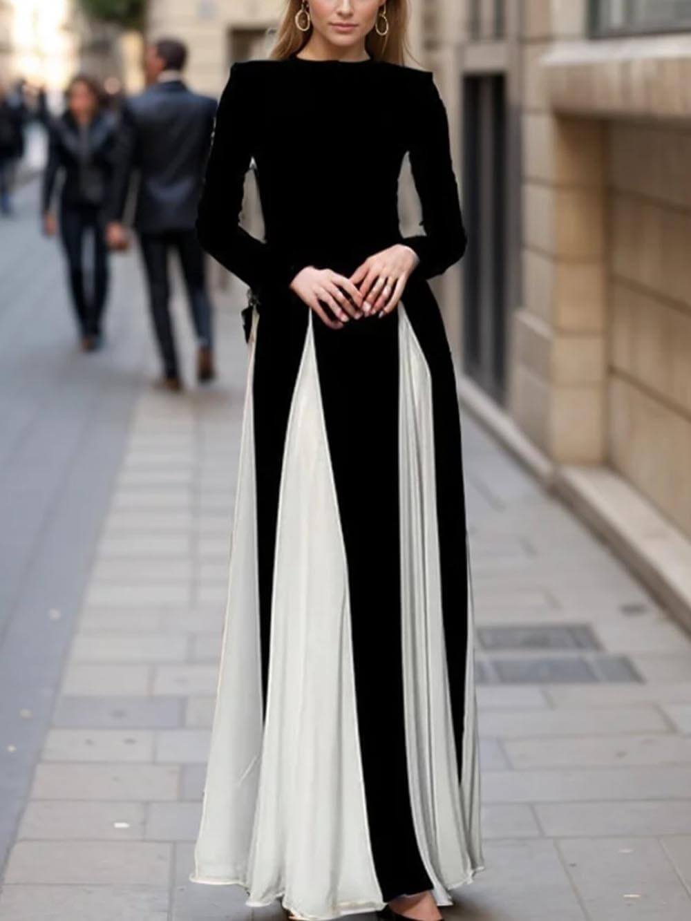 Crew Neck Long Sleeve Contrast Panel Pleated A-Line Maxi Dress 6