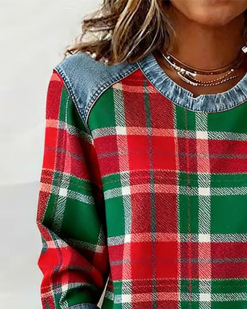 Crew Neck Plaid Denim Contrast Long Sleeve Sweatshirt