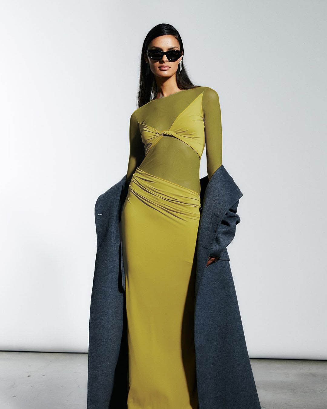 Sheer Mesh Long Sleeve Twist Front Ruched Bodycon Maxi Dress