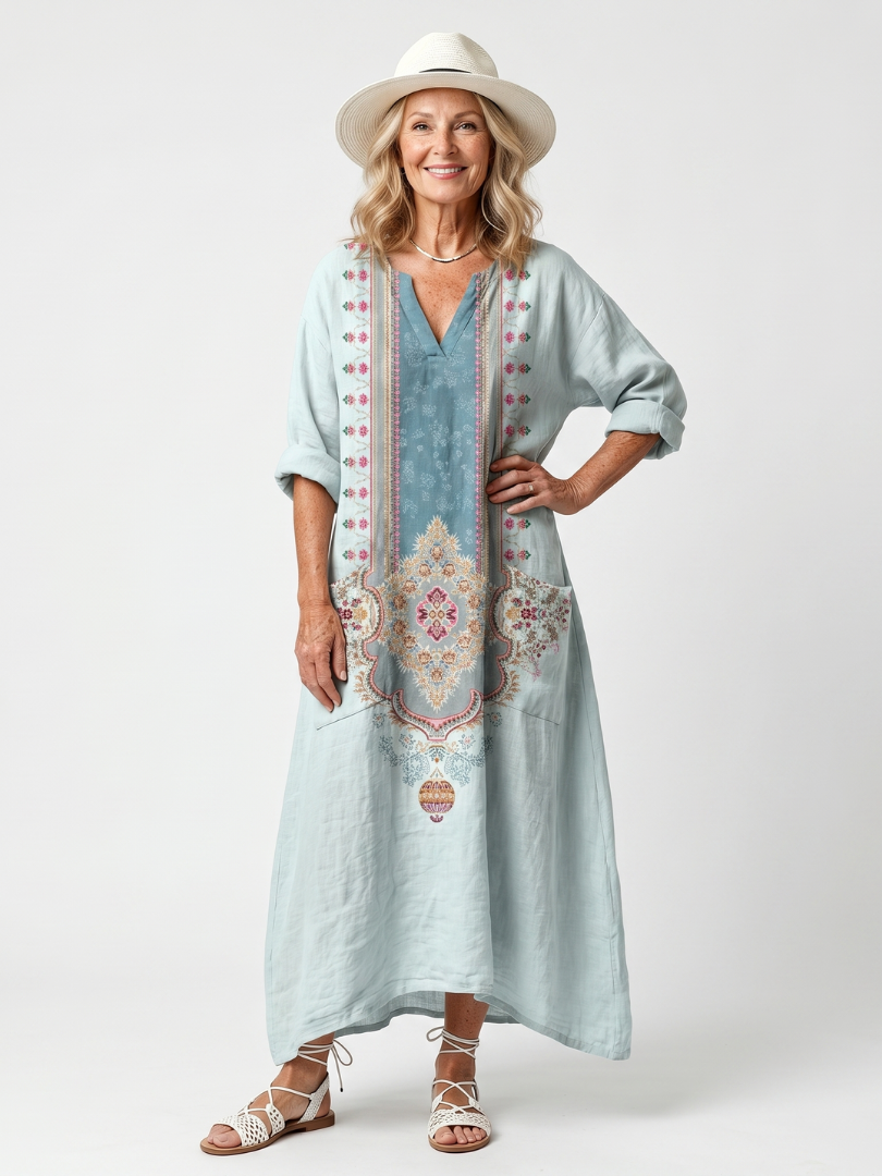 Ornate Medallion Print V-Neck Long Sleeve Linen Look Maxi Dress