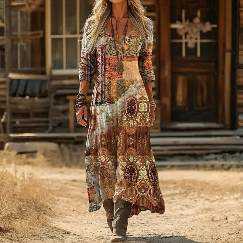Boho Aztec Print V-Neck Long Sleeve Maxi Dress