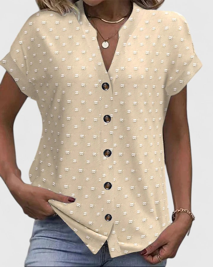 V-Neck Short Sleeve Button Front Textured Dot Blouse