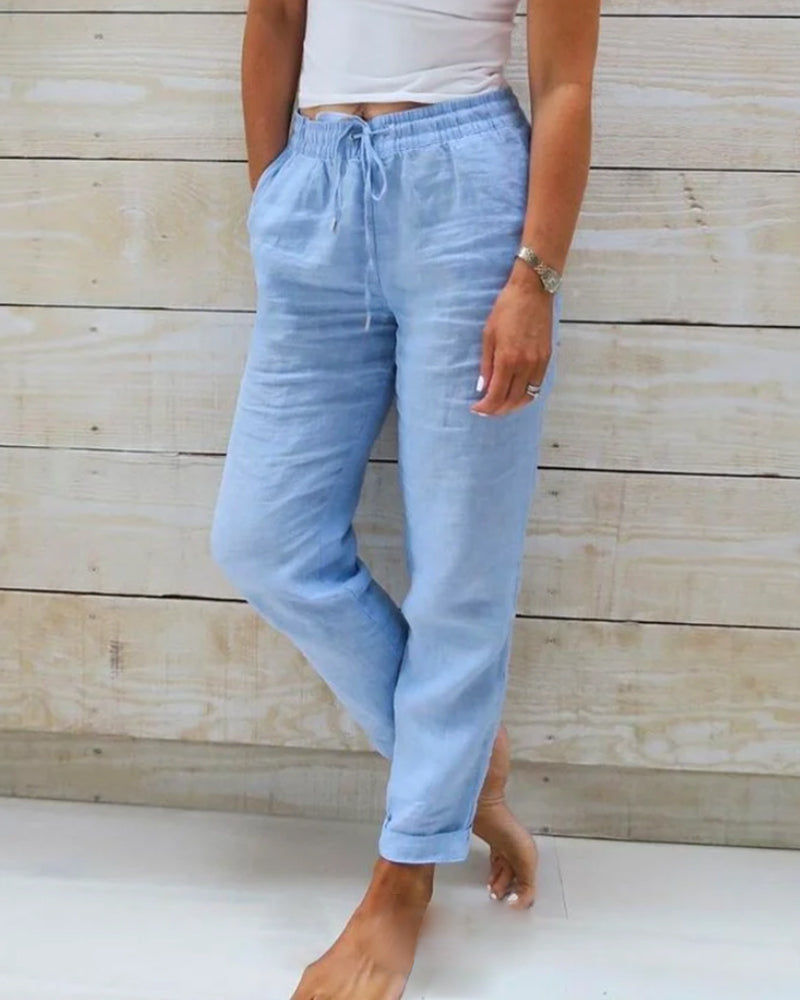 Drawstring High Waist Tapered Linen Look Pants