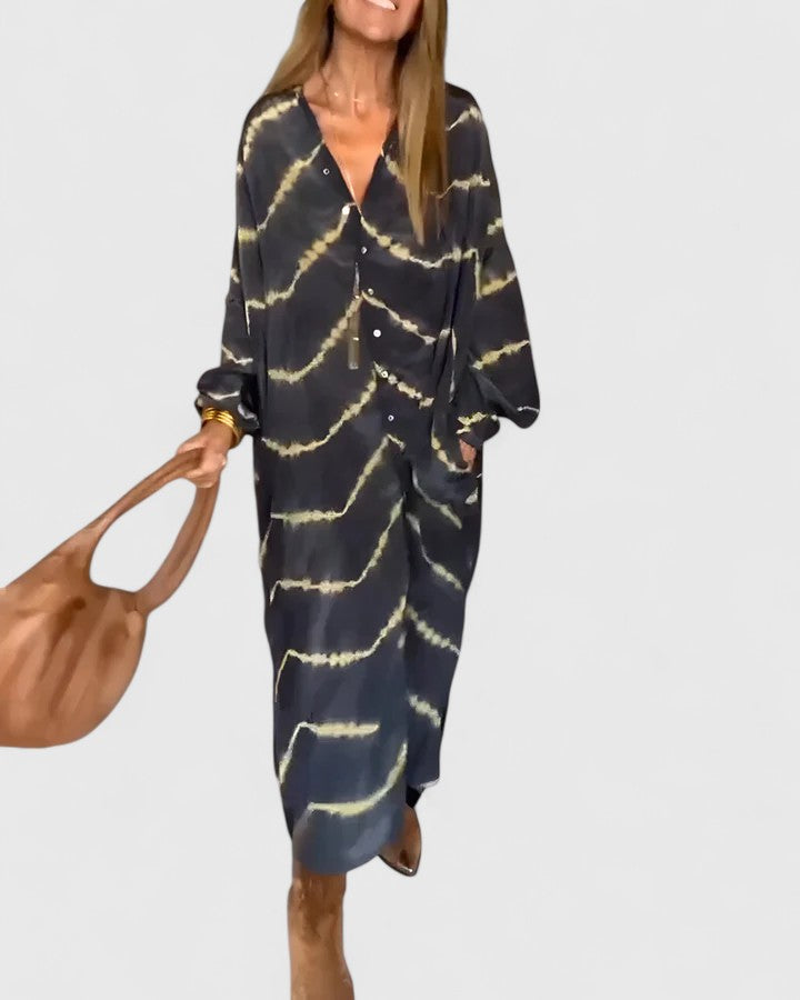 Tie Dye Button Front Long Sleeve Maxi Shirt Dress