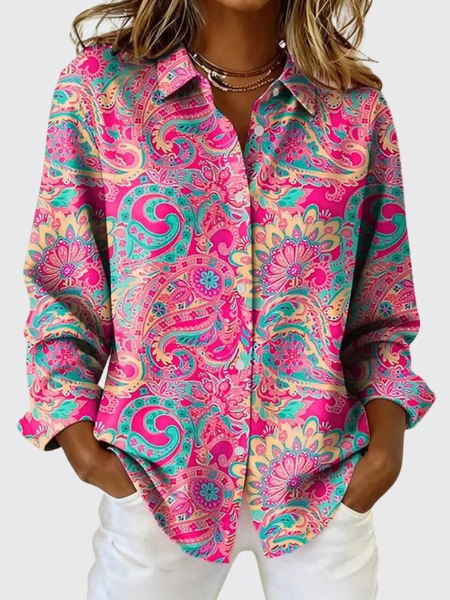 Paisley Print Collared Button Front Long Sleeve Blouse