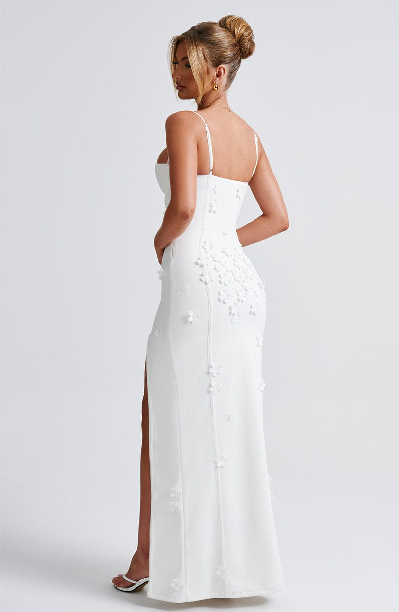 3D Floral Applique Bustier Spaghetti Strap High Split Maxi Dress 3