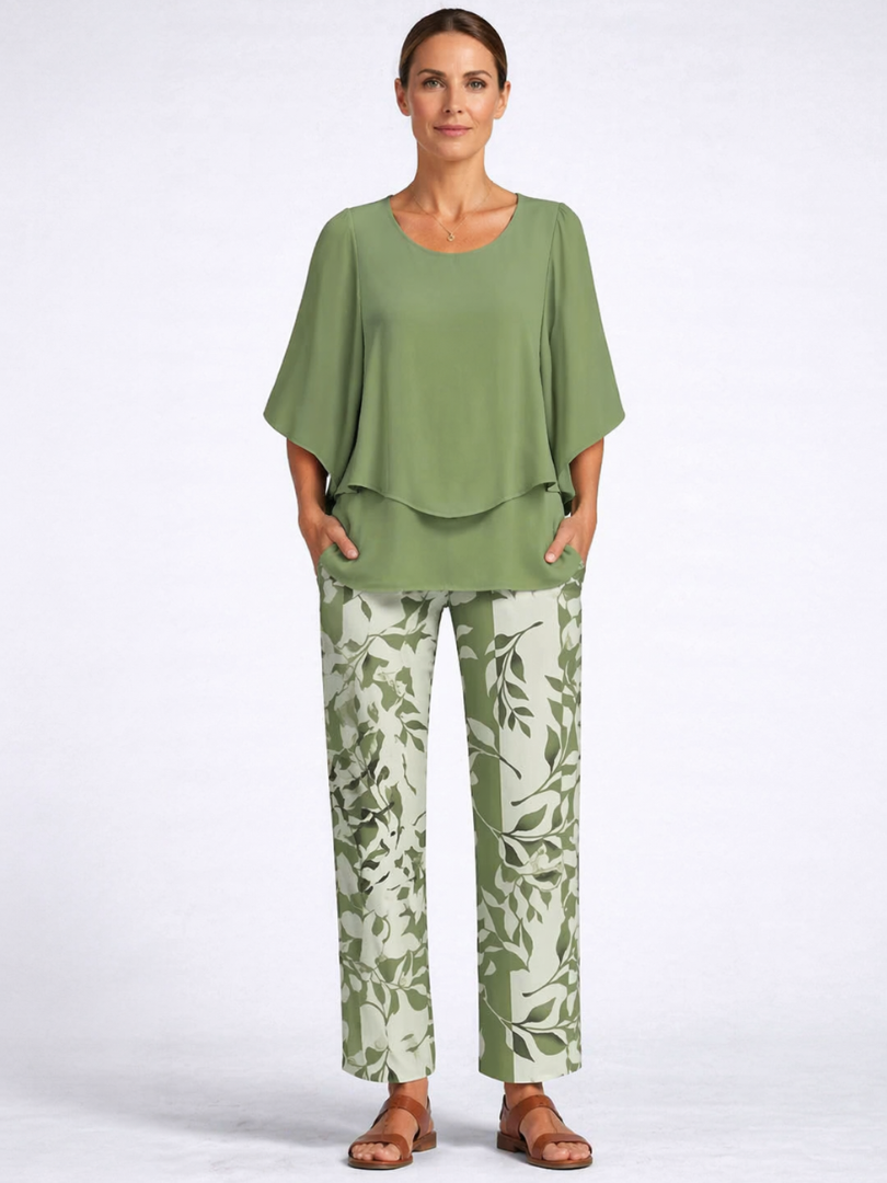 Layered Cape Overlay Top and Leaf Print Pants Two Piece Set