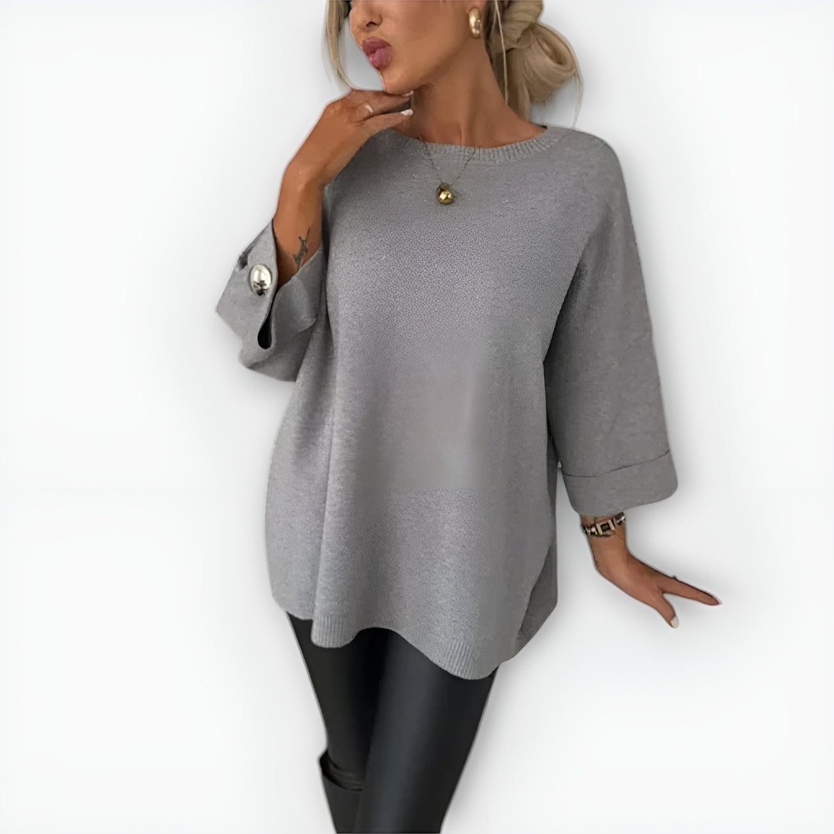 Crew Neck Long Sleeve Button Cuff Side Slit Sweater