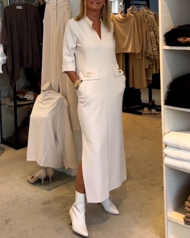 Magaly Timeless Solid Color Slit Dress with 3/4 Sleeves Premium Wardrobe Essential