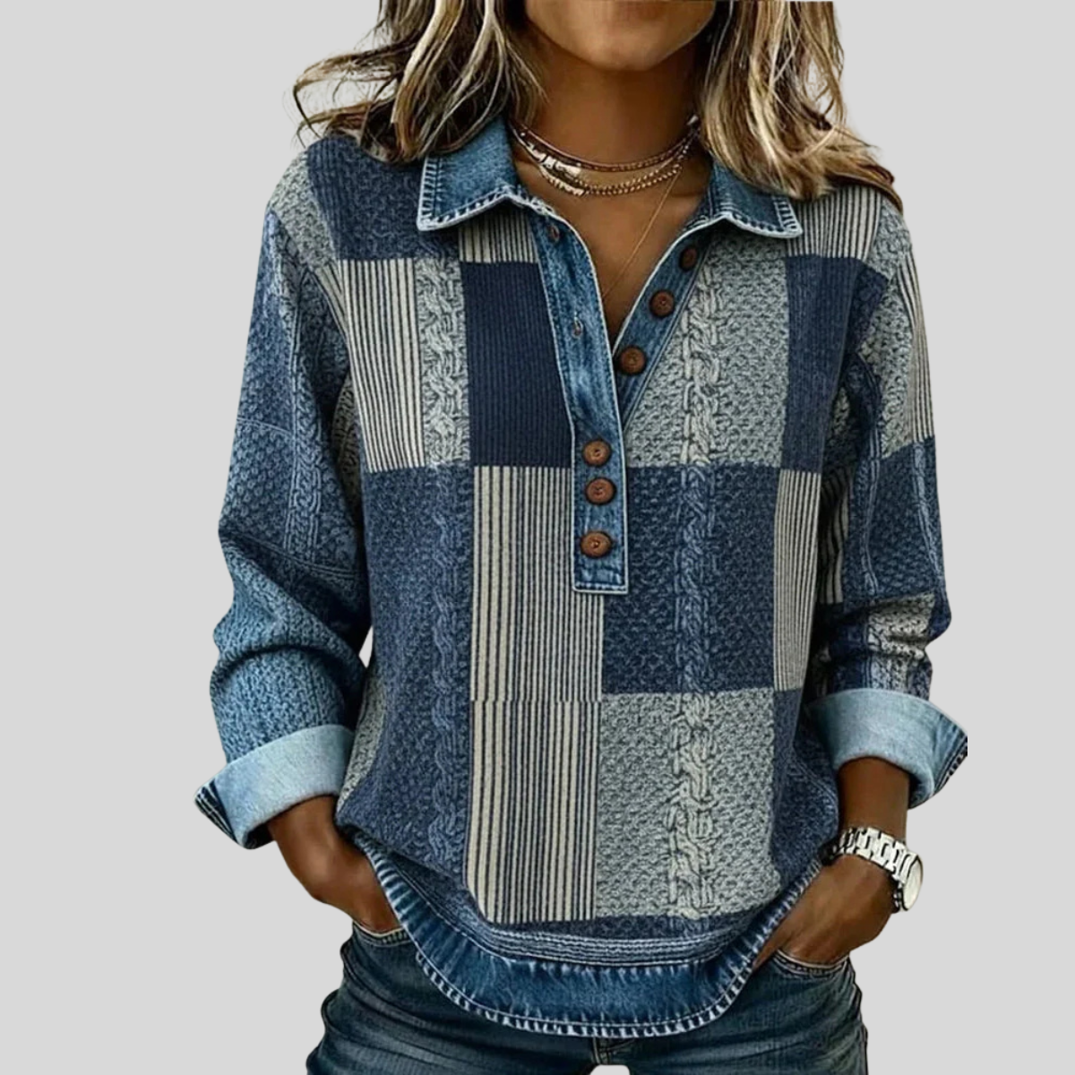 Patchwork Plaid Collared Quarter Button Long Sleeve Knit Pullover