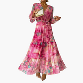 Floral Chiffon V-Neck Long Sleeve Tiered Maxi Dress