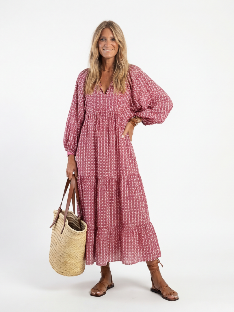 Print V-Neck Long Puff Sleeve Tiered Maxi Dress