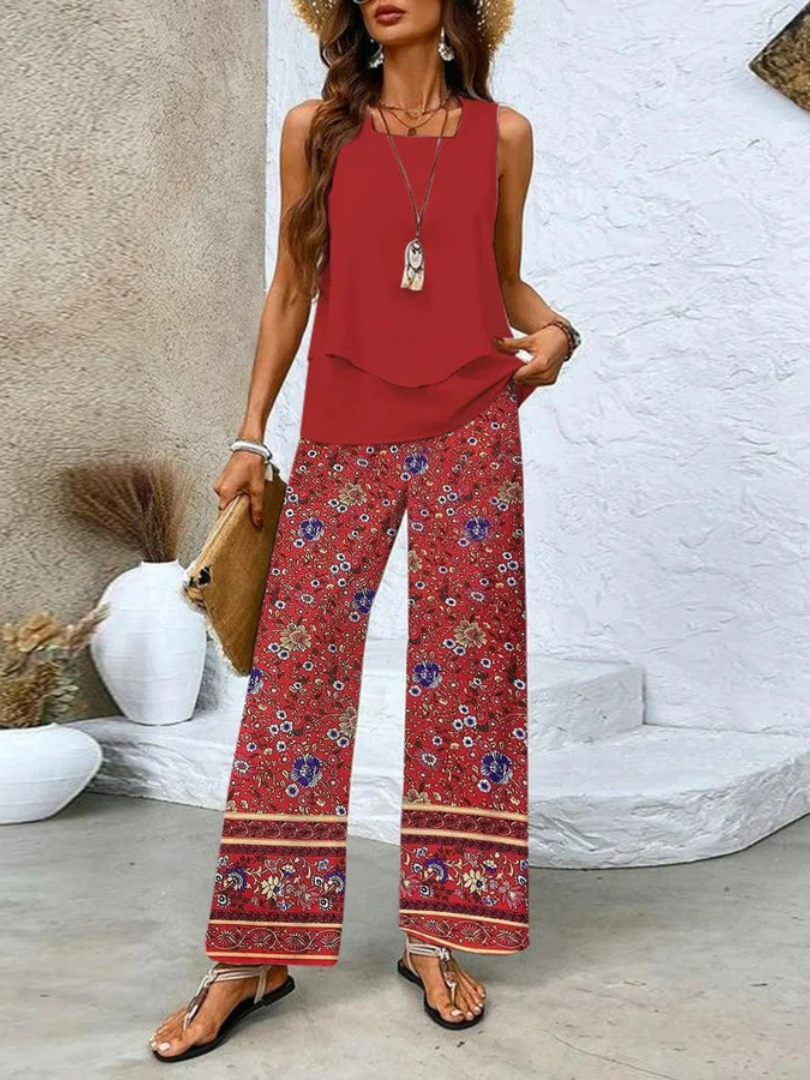 Sleeveless Layered Top and Floral Wide Leg Pants Two Piece Set