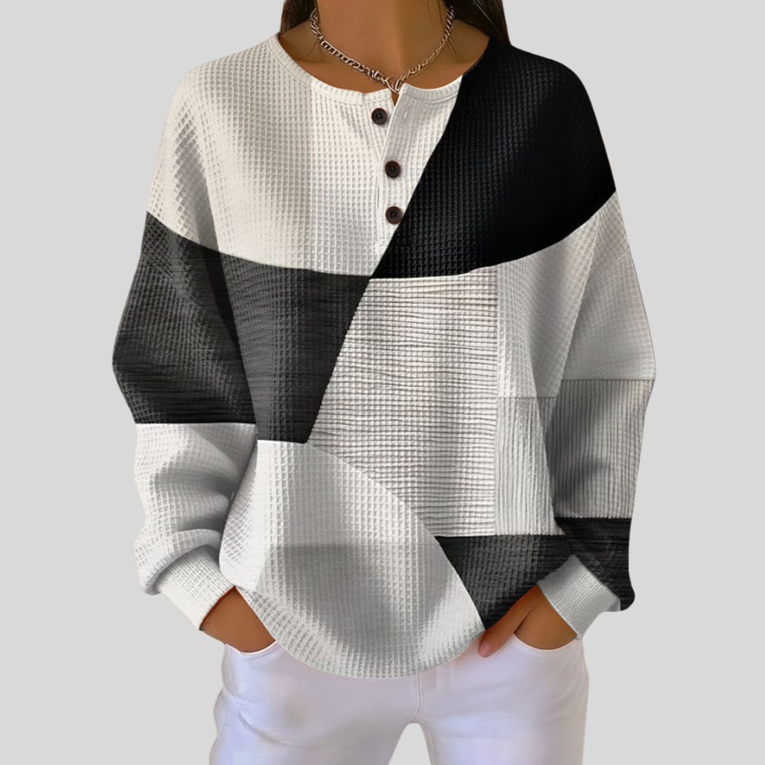 Crew Neck Long Sleeve Colorblock Waffle Knit Henley Sweatshirt