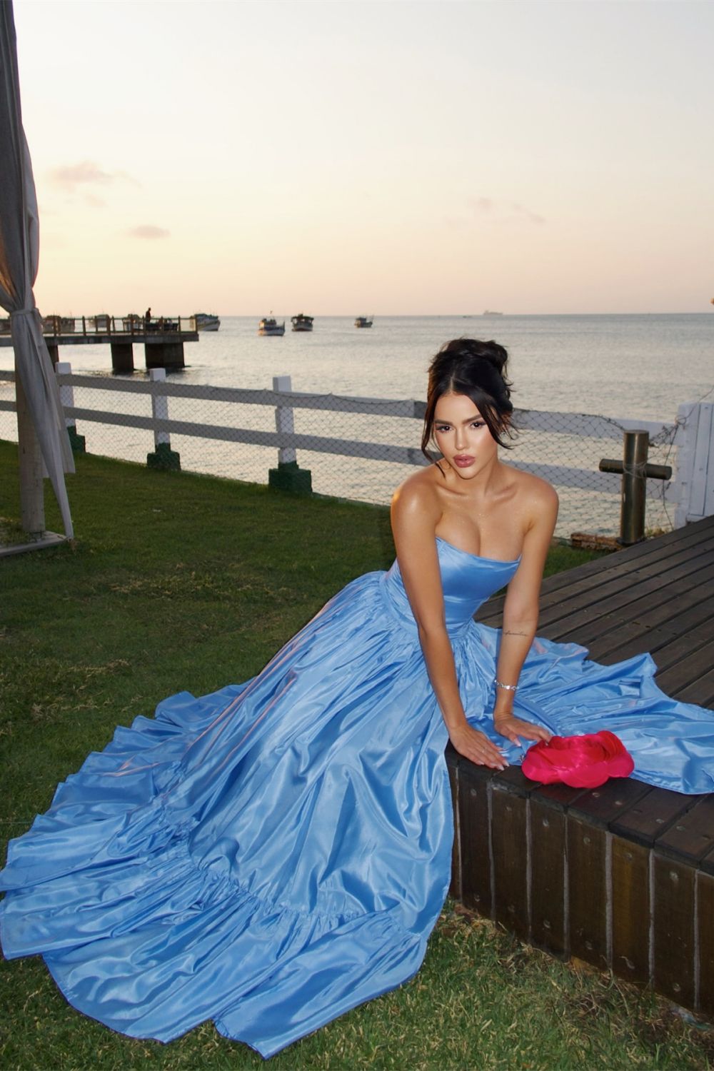 Charming A Line Strapless Blue Satin Long Prom Dress with Split Front