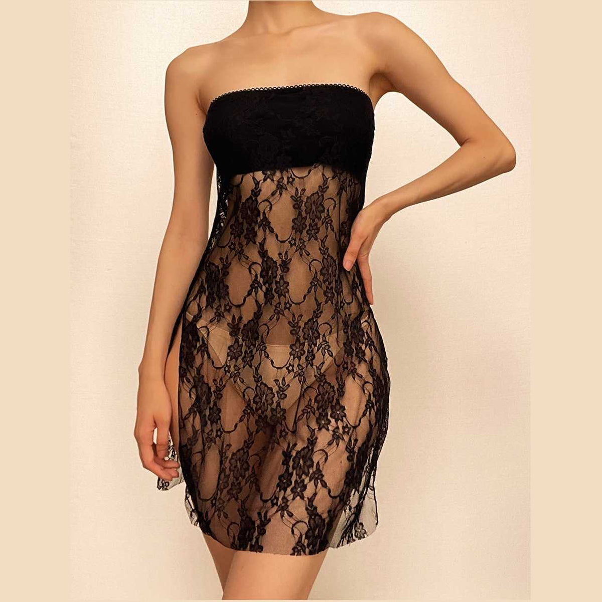 Strapless Sheer Floral Lace Side Slit Tube Mini Dress