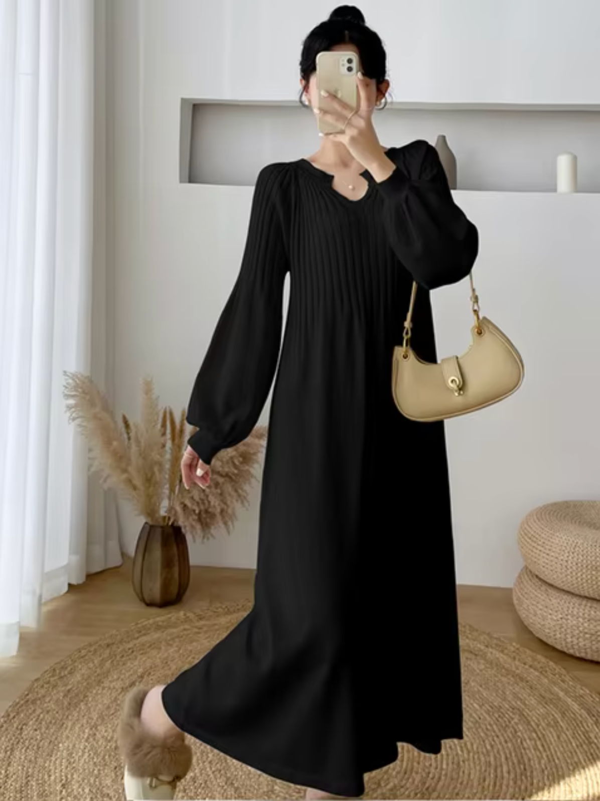 Notched V-Neck Lantern Sleeve Ribbed Knit A-Line Maxi Sweater Dress 5