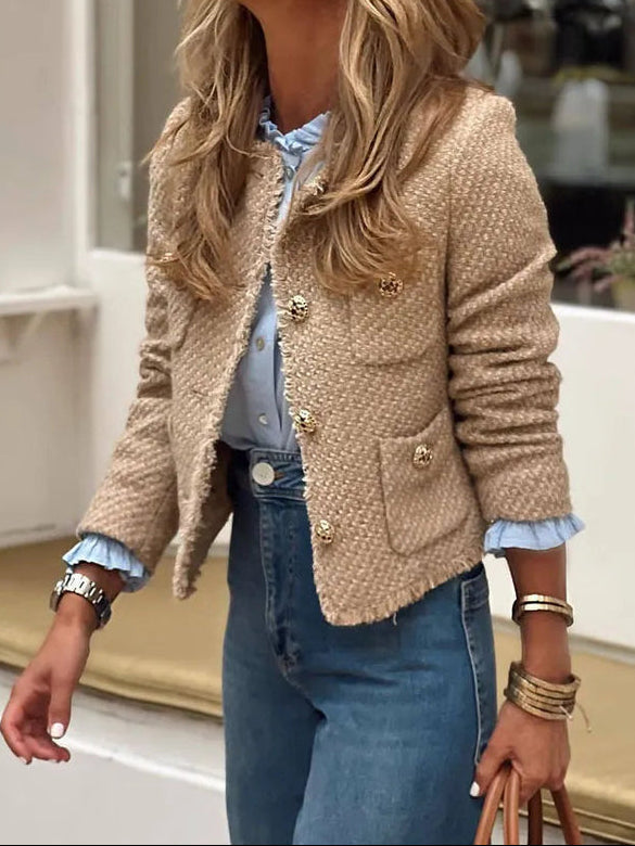 Frayed Trim Gold Button Collarless Tweed Jacket