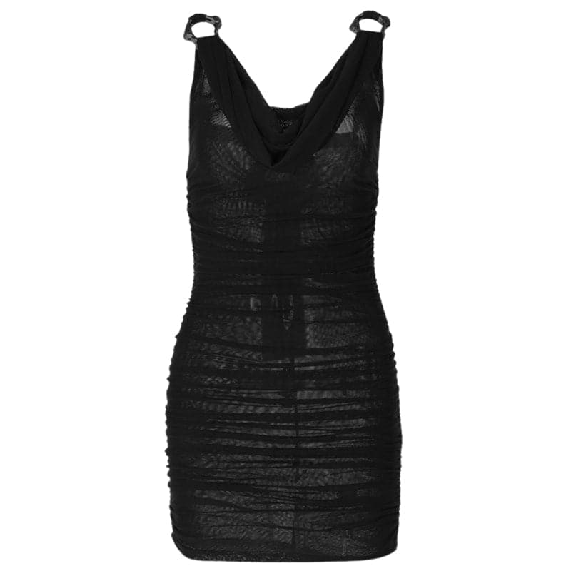 Cowl neck ruched o ring sheer mesh bowknot ribbon backless cami mini dress 2
