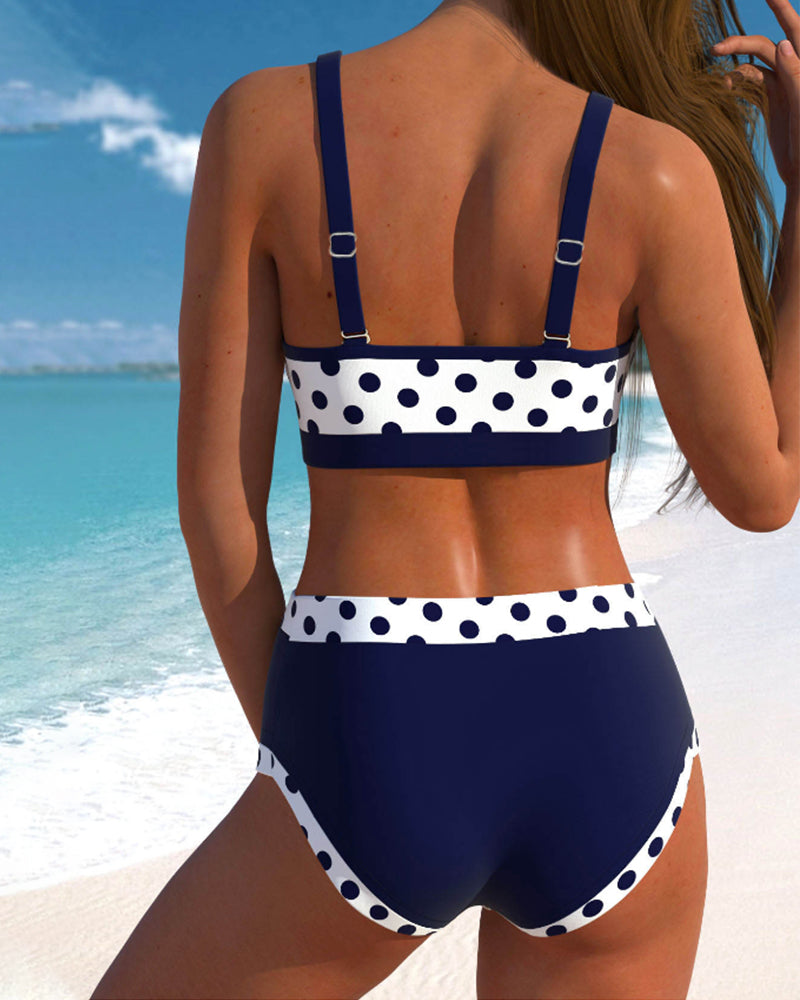 Polka Dot Knot Front High Waist Two Piece Bikini Set
