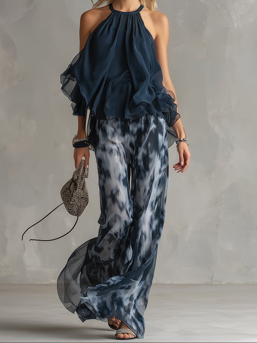 Halter Neck Ruffle Top and Tie Dye Wide Leg Pants Two Piece Set