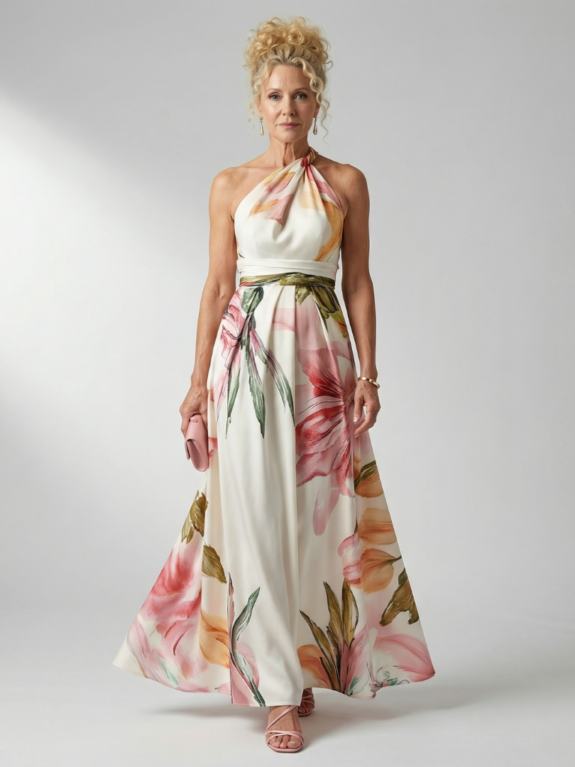 Floral Print One Shoulder Satin Maxi Dress