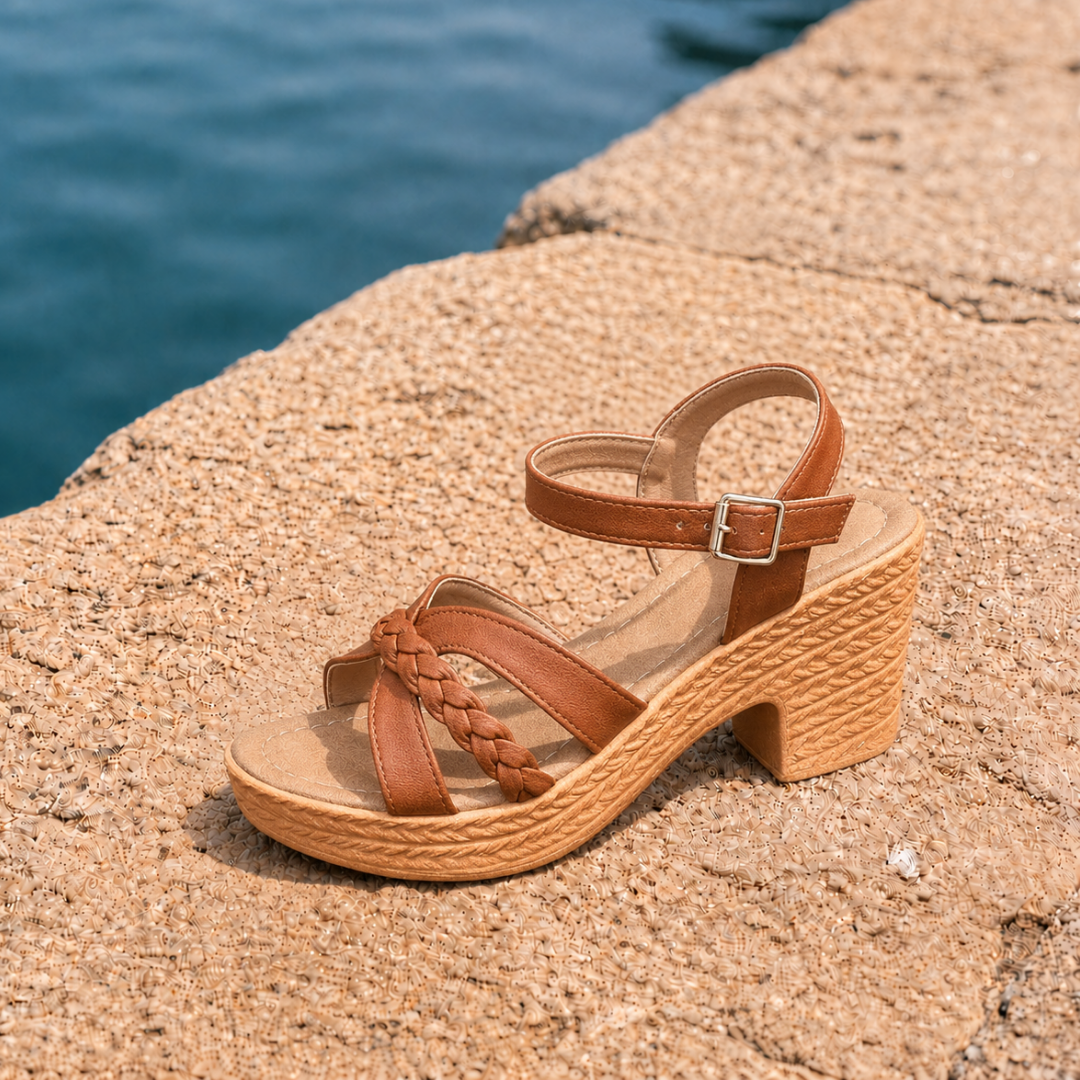 Open Toe Braided Strap Ankle Strap Block Heel Sandals