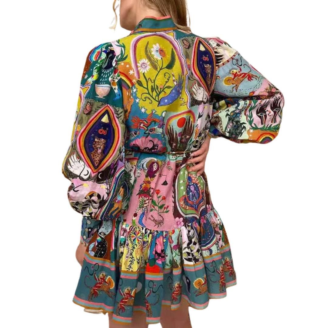 Bohemian Print V-Neck Long Sleeve Tiered Ruffle Mini Dress 2