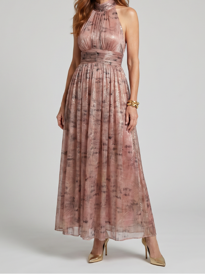 Metallic Shimmer Halter Neck Gathered Waist Maxi Dress