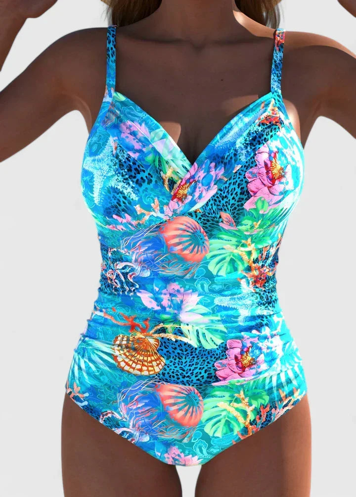 Tropical Floral Ruched One Piece Swimsuit