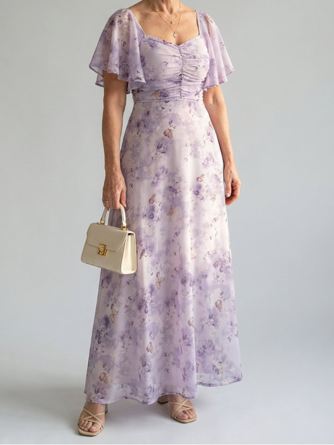 Floral Flutter Sleeve Ruched Maxi Dress