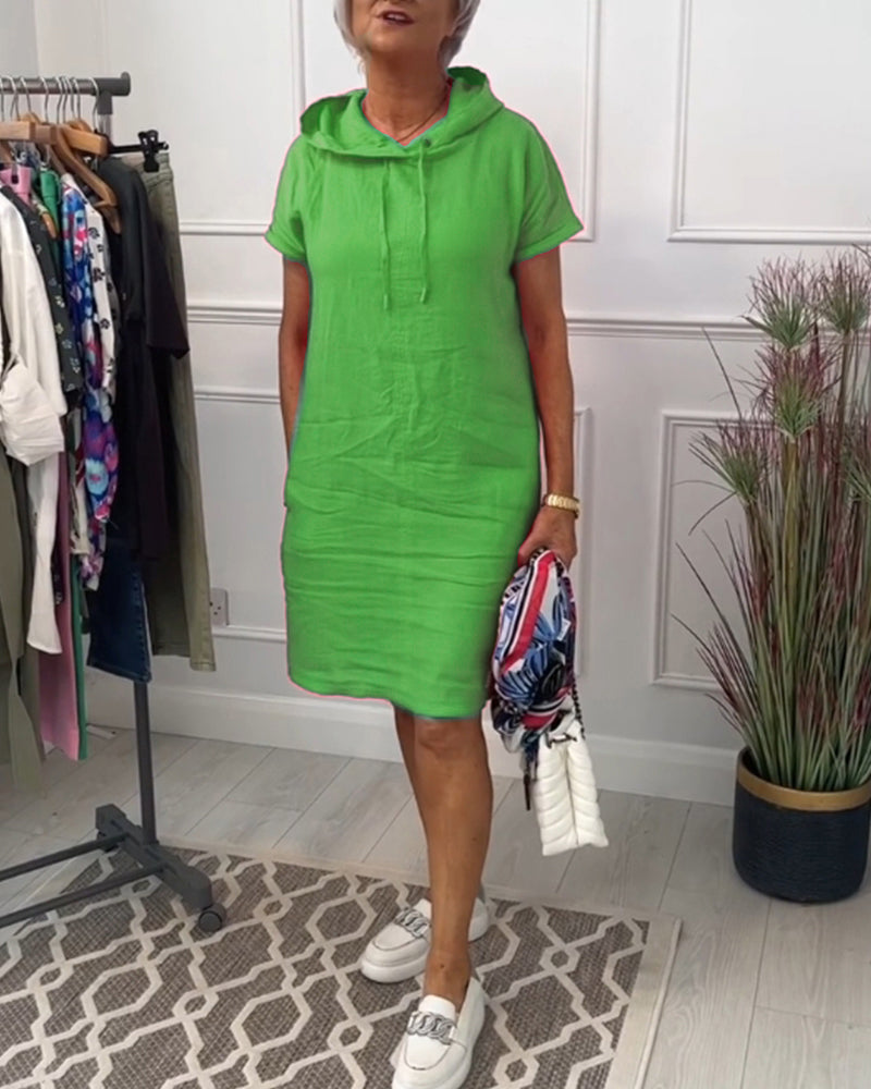 Hooded Drawstring Short Sleeve Knee Length Shift Dress