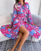 Floral Print Lapel Shirt Dress with Contrast