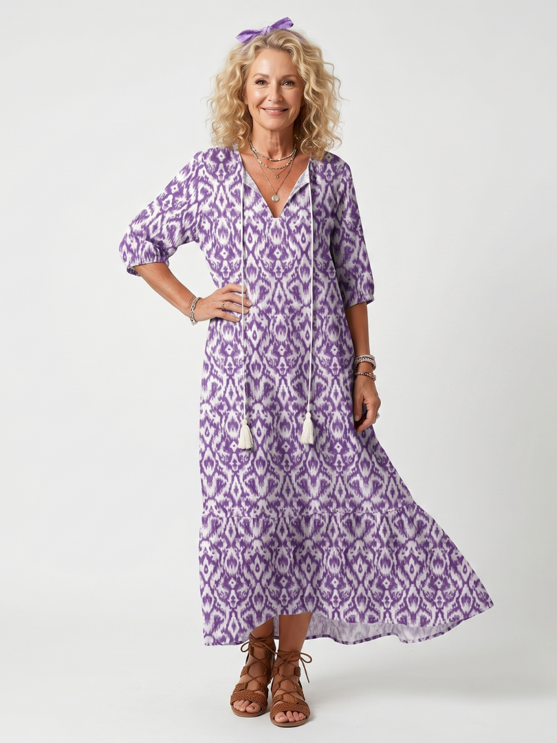 Ikat Print Tassel Tie Neck Puff Sleeve Tiered Midi Dress