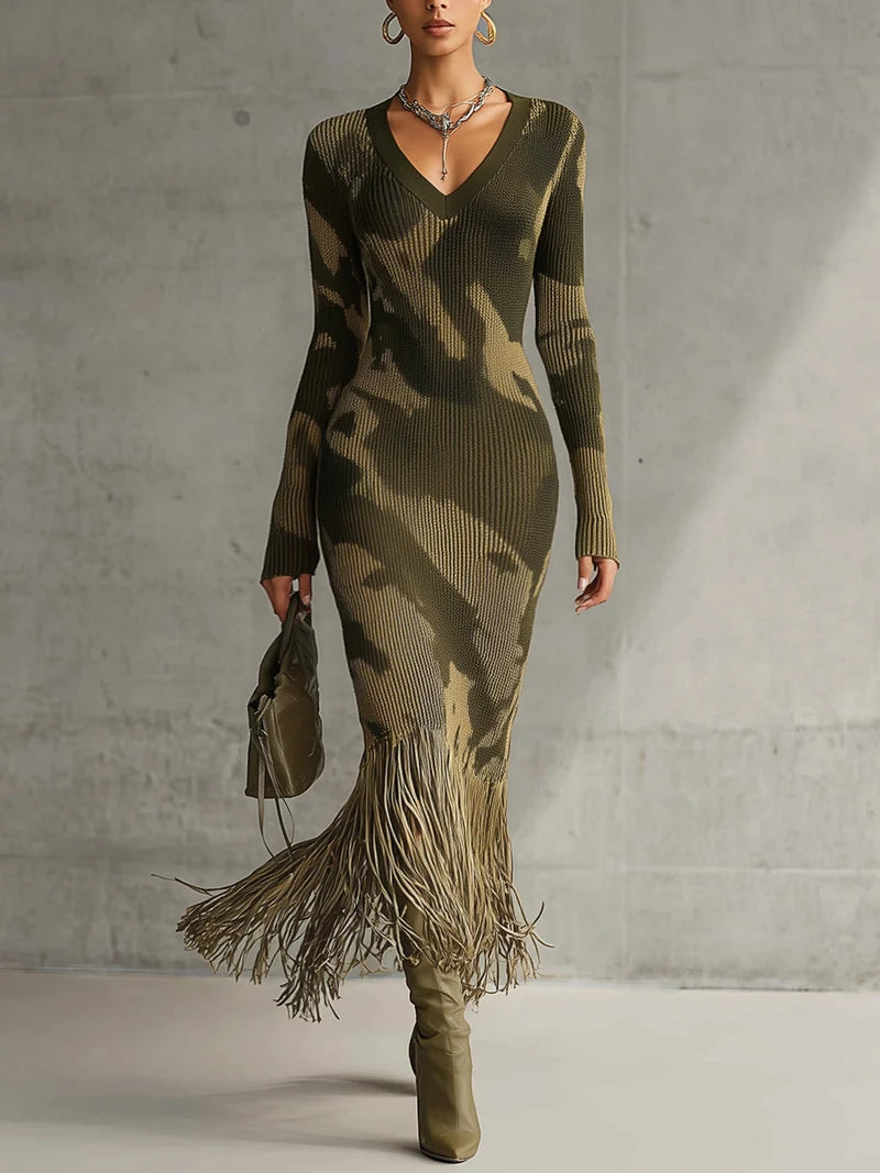 Knit V-Neck Long Sleeve Fringe Hem Bodycon Maxi Dress