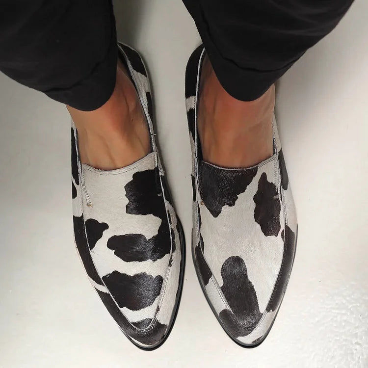 Cow Print Pointed Toe Flat Loafers