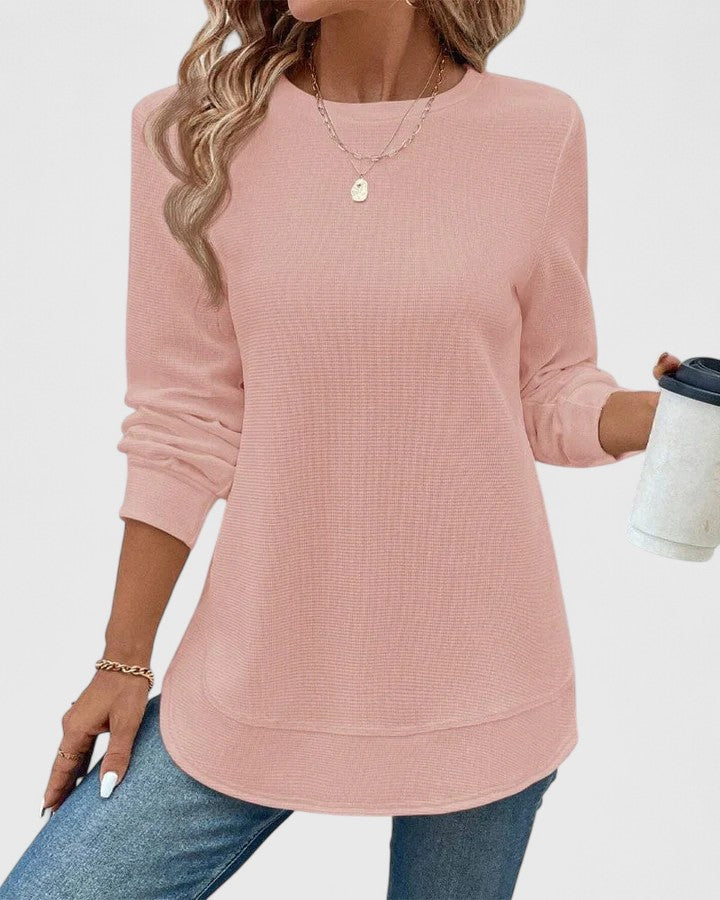 Crew Neck Long Sleeve Waffle Knit Curved Hem Top