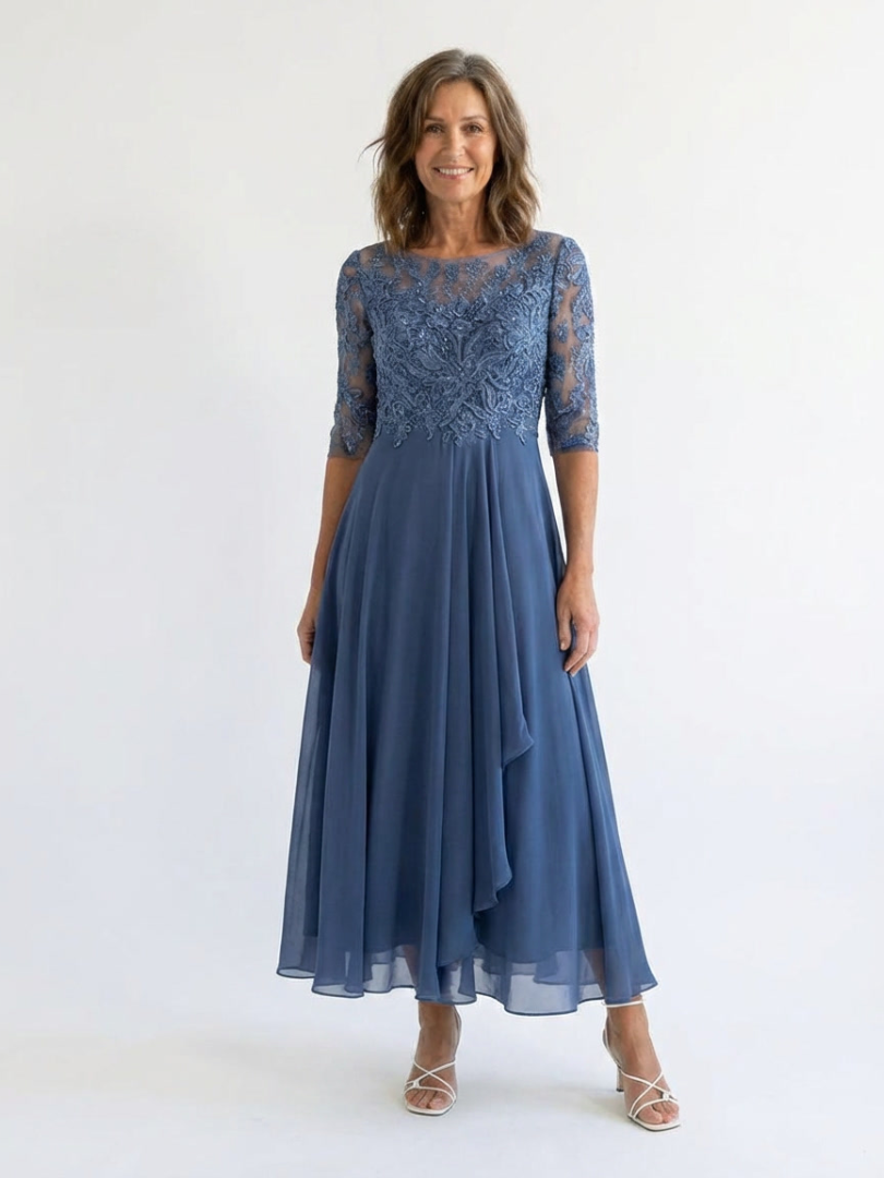 Lace Bodice Illusion Neckline 3/4 Sleeve Chiffon A-Line Tea Length Dress