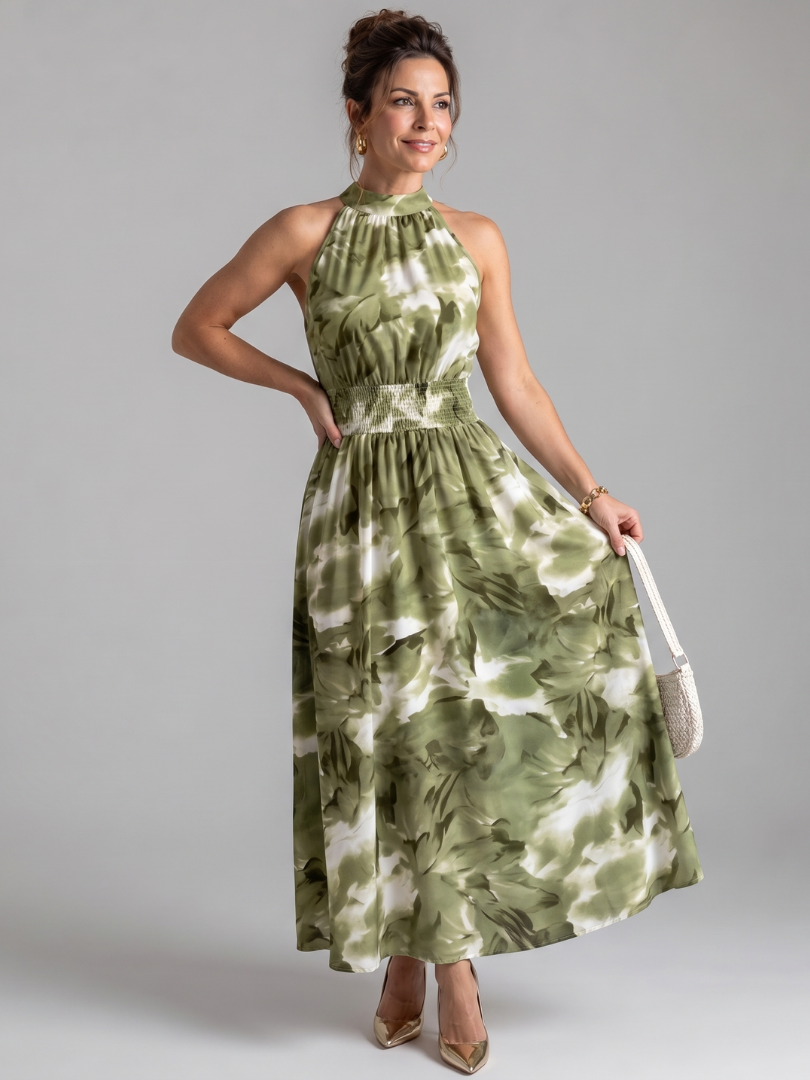 Abstract Print Halter Neck Smocked Waist Maxi Dress