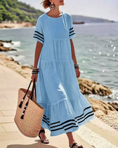 Striped Trim Short Sleeve Tiered Maxi Dress 12