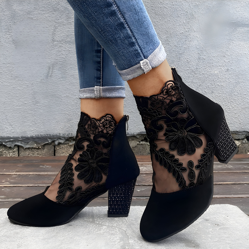 Floral Lace Mesh Embellished Block Heel Ankle Boots