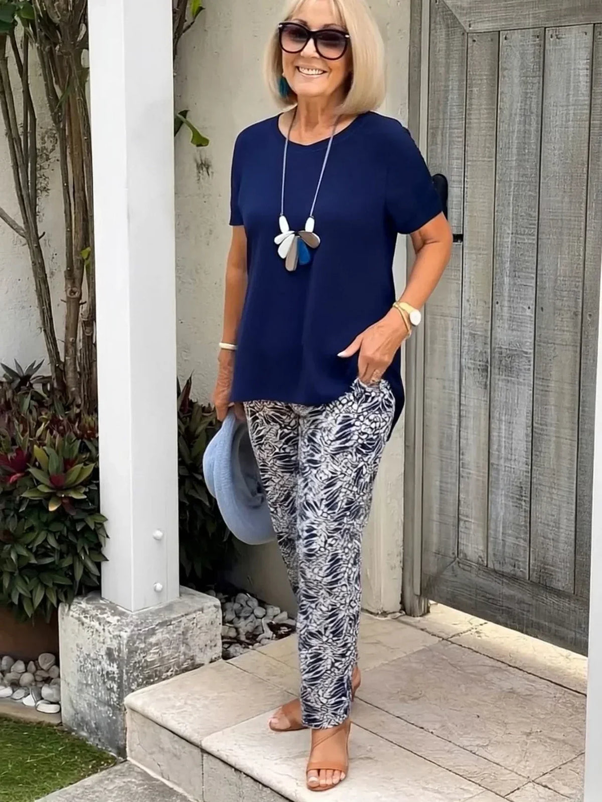 Short Sleeve Top and Leaf Print Pants Two Piece Set