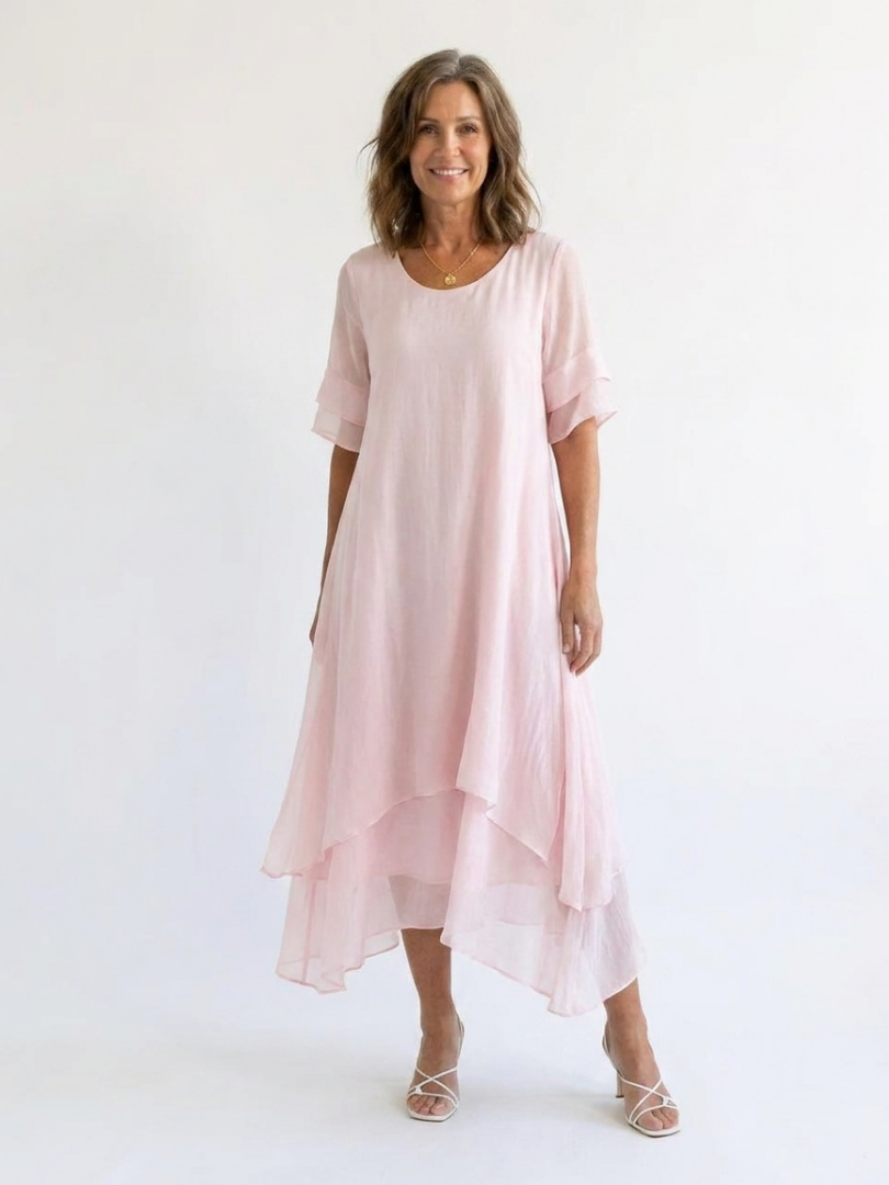 Round Neck Short Sleeve Layered Chiffon Midi Dress