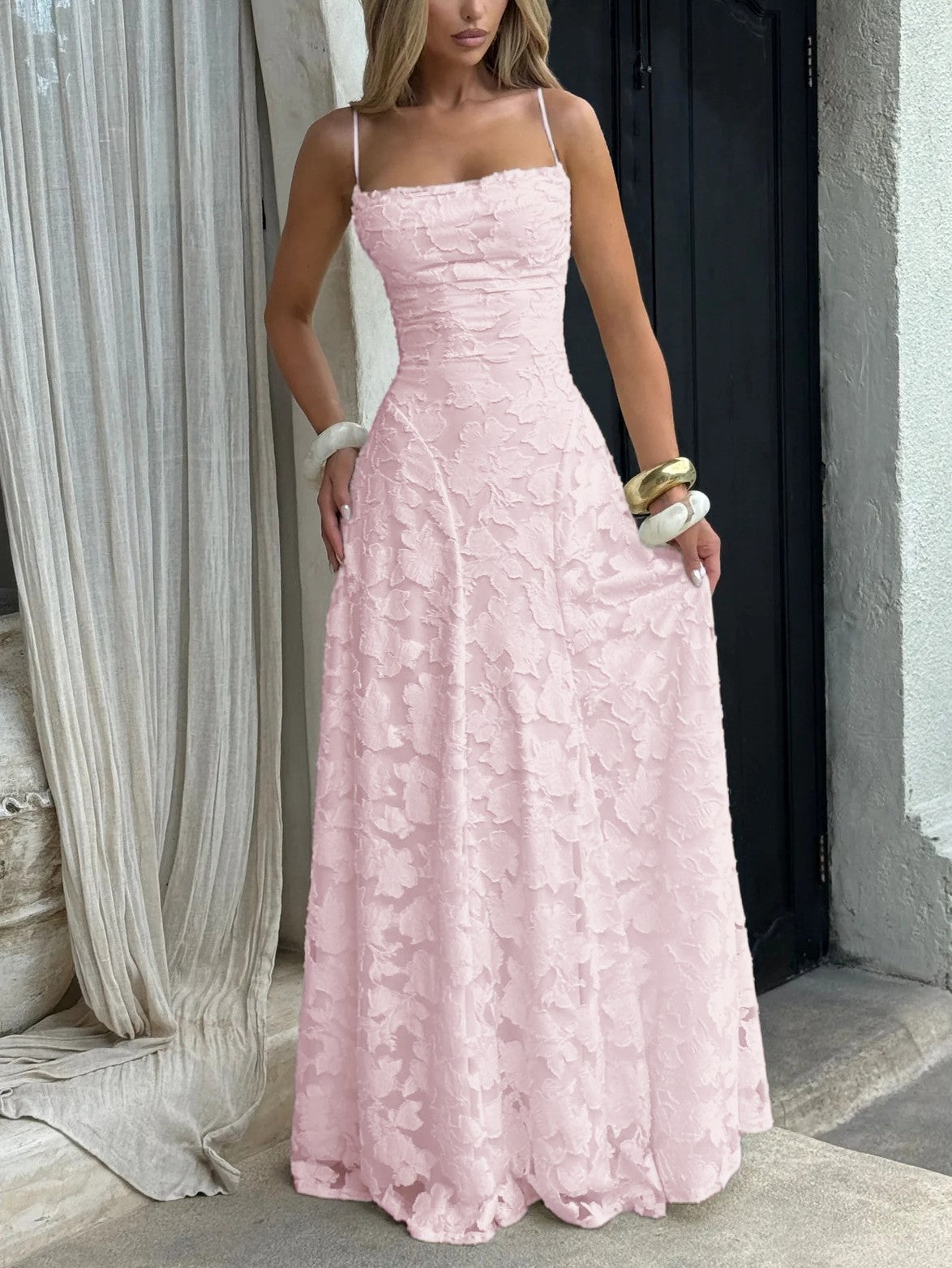 Floral Applique Spaghetti Strap Sleeveless A-Line Maxi Dress