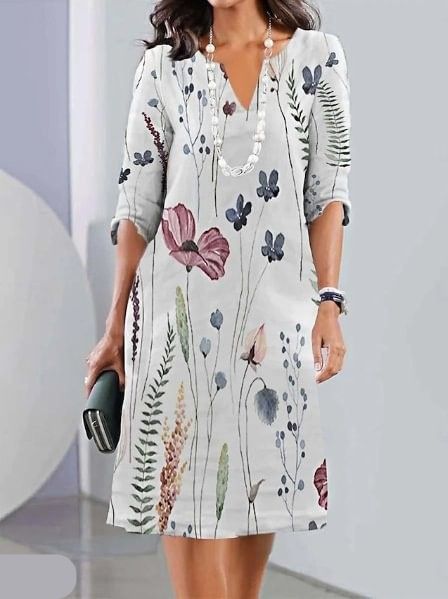 Botanical Floral Print V-Neck Roll Sleeve Shift Dress