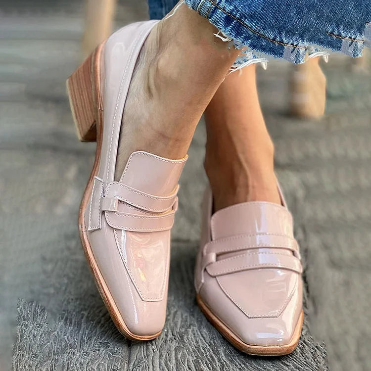 Patent Look Square Toe Block Heel Loafers