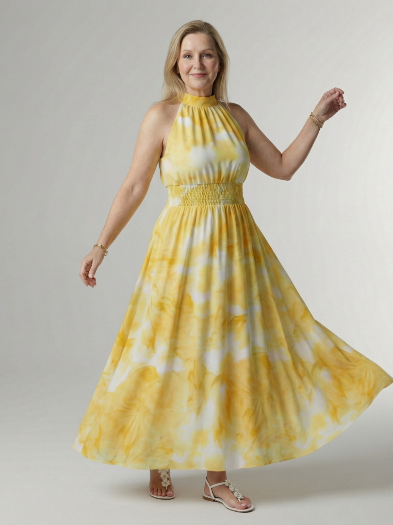 Halter Neck Sleeveless Tie Dye Smocked Waist Maxi Dress