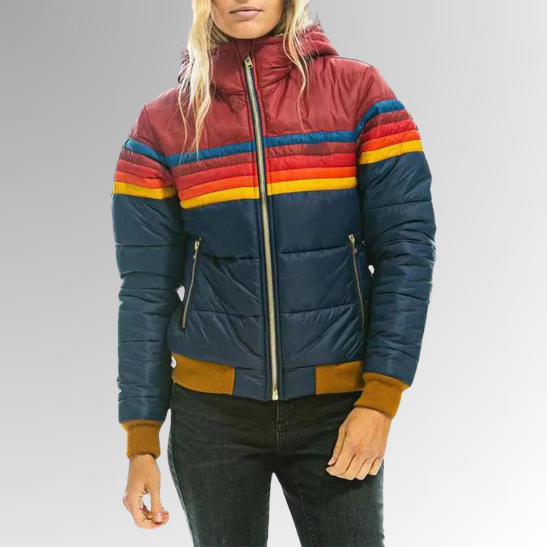 Hooded Zip Front Striped Panel Puffer Jacket