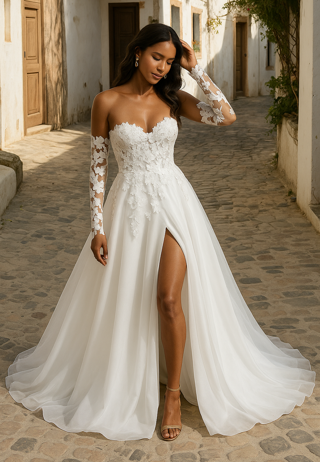 Couture & Ornate Appliques Long sleeves A-Line Split Wedding Dress